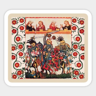 MEDIEVAL TOURNAMENT, FIGHTING KNIGHTS WITH DAMSELS AND RED WILD ROSES Sticker